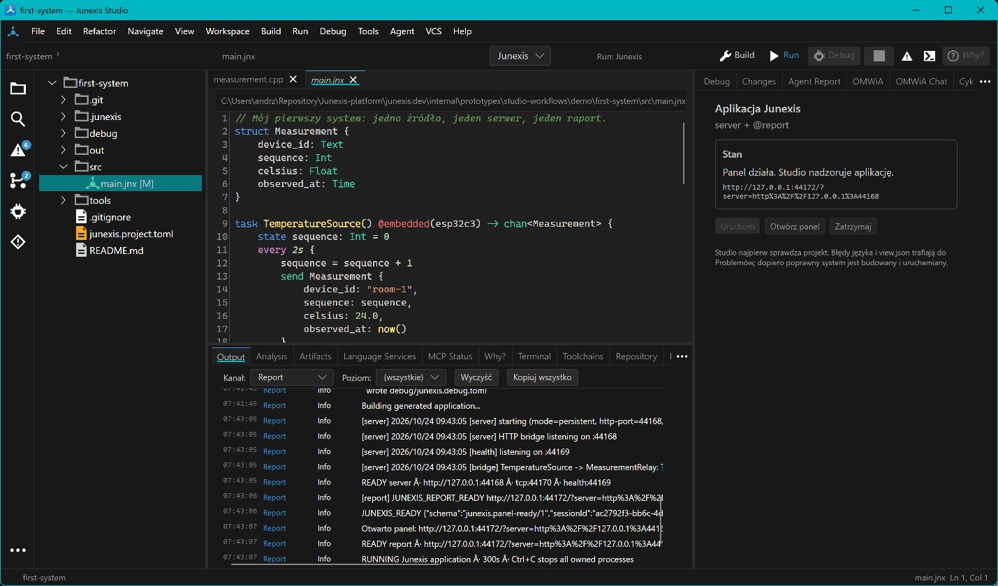 Przycisk Run w Studio uruchomił wygenerowany serwer Go i raport. Panel pokazuje gotowy adres localhost oraz READY server / READY report. Health serwera zwrócił HTTP 200. Następnie Stop poprawnie zakończył procesy. Nie potwierdza to wykonania na fizycznym urządzeniu ani odczytu czujnika.